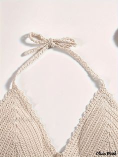 Olivia Mark - Fringe Plain Crochet Boho Beach Top, Halter Backless Hollow Out Paddings Top, Women's Swimwear & Clothing Beige Triangle Top Halter For Beach, Beige Triangle Halter Top For Beach, Beige Triangle Halter Top For Vacation, Beige Halter Neck Crochet Top For Beach, Beach Season Crochet Lace Halter Top, Crochet Trim Halter Top For Beach Vacation, Beach Season Vacation Halter Top With Crochet Trim, Beige Halter Top For Beach Season Vacation, Crochet Boho