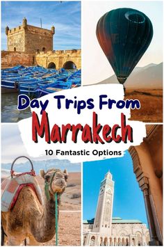 the cover of a travel guide for marraket with pictures of boats and hot air balloons