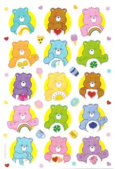 a group of teddy bears with hearts and rainbows on the back, all in different colors