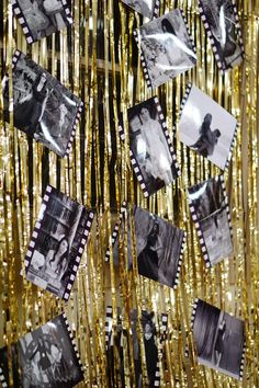 gold sequins with black and white photos hanging from them