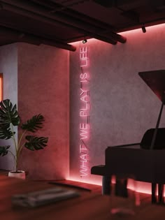 there is a piano in the corner of this room with neon signs on the wall