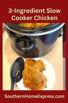 the slow cooker is full of chicken and has an extra large serving spoon in it