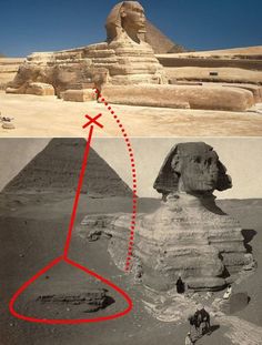 an image of the sphinx and pyramids with red arrows pointing to it's left side