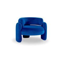 a blue chair sitting on top of a white floor