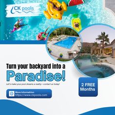 an advertisement for the back yard to a paradise resort with images of people swimming and inflatable rafts