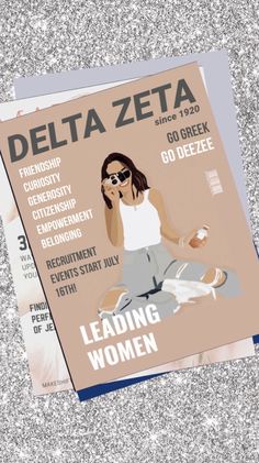 a poster with the words delta zeta and an image of a woman in white shirt