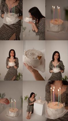 a woman is holding a cake with candles in it and posing for pictures on the camera