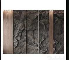 a stone wall with wood paneling in the middle and two panels on each side