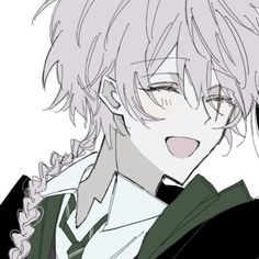 an anime character with white hair and green eyes, wearing a black jacket while looking at the camera