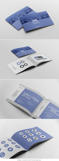 an open brochure is shown with blue and white designs on the front, back and