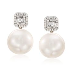 12-14mm Cultured Pearl and .42 ct. t.w. Diamond Earrings in 18kt White Gold Akoya Pearl Ring, Akoya Pearl Earrings, Pearl Cuff Bracelet, White Pearl Earring, Precious Gemstones Jewelry, Swirl Earrings, White Diamond Ring, Pearl And Diamond Earrings, Domed Ring