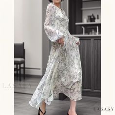 Lasaky - Vintage Floral Print Chiffon Dress with Waist Tie and Flared Hemline Long Sleeve Chiffon Midi Dress For Casual Wear, Elegant A-line Chiffon Dress For Spring, Long Sleeve Chiffon Dress For Spring Garden Party, Elegant Chiffon Dress For Spring, Elegant Floral Print Chiffon Dress For Spring, Elegant Spring Floral Print Chiffon Dress, Spring Chiffon A-line Maxi Dress, Spring A-line Chiffon Midi Dress, Spring Long Sleeve Chiffon Dress For Daywear