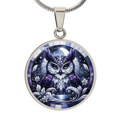 Embrace the wisdom and mystery of the night with our Purple Owl Pendant Necklace. This exquisite piece features a beautifully detailed owl set against a backdrop of a starry sky and crescent moon. Forged from premium surgical steel and available with a lavish 18k gold finish, this innovative jewelry boasts our exclusive design, handcrafted with care right here in the U.S.A by our dedicated team of skilled working mothers. When you choose our necklace, you not only acquire a stunning memento for Purple Owl, Owl Pendant Necklace, Owl Necklace, Circle Pendant Necklace, Luxury Necklace, Owl Pendant, Working Mother, The Wisdom, Working Moms