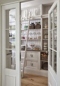 an open door leading to a pantry with shelves and drawers