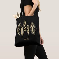 Tote bag ready for you to personalize. Featuring an assortment of stunning faux gold feathers on a black background ready for you to personalize. Makes a great gift for any person young or old. This Product is 100% Customizable. *****Click on CUSTOMIZE BUTTON to add, delete, move, resize, changed around, rotate, etc...any of the graphics or text or use the fill in boxes. 99% of my designs in my store are done in layers. This makes it easy for you to resize and move the graphics and text around s Customizable Black Tote Shoulder Bag, Customizable Black Canvas Bag For Everyday Use, Customizable Black Canvas Bag For Daily Use, Customizable Black Bag For Daily Use, Customizable Black Tote Bag, Trendy Customizable Black Bags, Stencil Print, Stencil Printing, Tote Bag Size