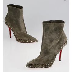 Christian Louboutin Spiked Gray Suede Bootie. In Good Preloved Condition. Protective Red Rubber On The Red Bottom. 4” Covered Heel. Dust Cover. No Box. Christian Louboutin Outlet, Red Bottom, Stiletto Boots, Red Bottoms, Hello Beautiful, Gray Suede, Girl Stuff, Louboutin Shoes, Suede Booties