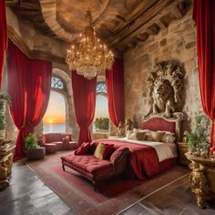 a bedroom with red drapes and a chandelier hanging from it's ceiling