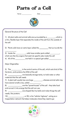 the worksheet for parts of a cell is shown in this image, and it shows