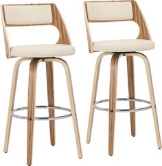 two modern barstools with white upholstered backrests and wooden legs