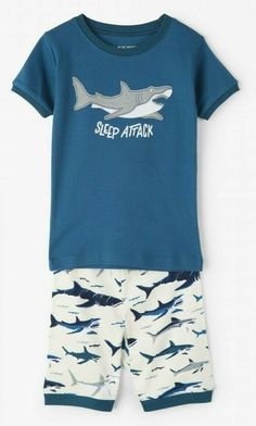 You're little guy will be cool and comfortable in our Jaw-some shark short pajama set! Perfect for warm summer nights.  Glow in the dark Features: Perfect for warm summer nights Contrast trim on t-shirt and shorts Elastic waistband Machine washable Super fun and original Little Blue House print 100% cotton. Ships via USPS Track Page Views With Auctiva's FREE Counter Shark Pajamas, Sharks For Kids, House Print, Glow In Dark, Crochet Baby Clothes, Blue House, Kids Pajamas, Short Pajama Set, Pajama Shorts