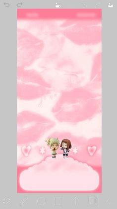 two people standing on top of a pink cloud with hearts in the sky behind them