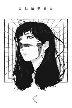 a black and white drawing of a woman's face in front of a grid