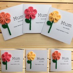 four crocheted flowers on cards with the names of each flower and their name