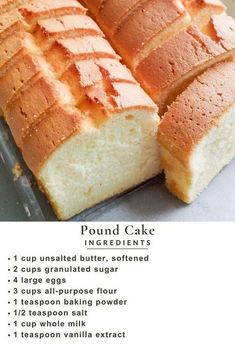 a loaf of pound cake sitting on top of a pan filled with sliced up bread