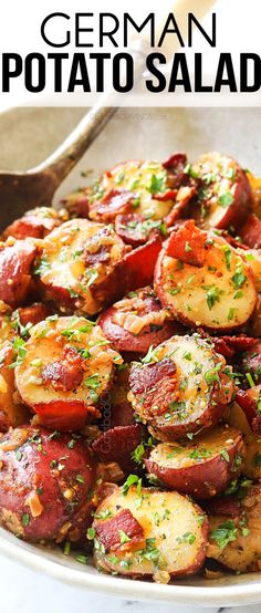 a close up of a plate of food with potatoes and shrimp on it, text overlay reads german potato salad