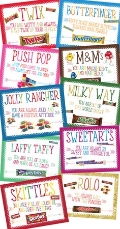 six candy bar labels with different sayings on them