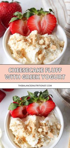 cheesecake fluff with greek yogurt and strawberries in a white bowl