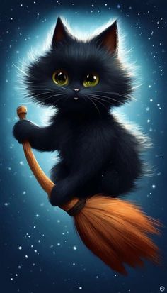 a painting of a black cat sitting on top of a broom with stars in the background