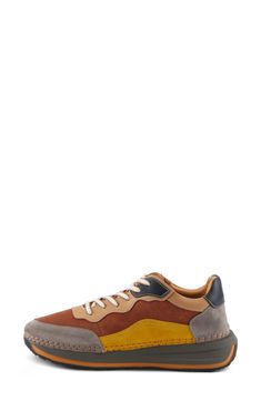 This sporty sneaker is topped with colorblocked leather and grounded on an exaggerated sole. 1 1/2" heel; 1" platform Lace-up style Removable, cushioned insole with arch support Leather upper and lining/synthetic sole Made in Turkey Leather Chunky Sneakers With Rubber Sole For Sports, Trendy Brown Leather Sneakers, Brown Low-top Platform Sneakers In Synthetic, Brown Platform Sneakers With Contrast Sole And Round Toe, Brown Sneakers With Contrast Sole For Walking, Trendy Suede Sneakers With Textured Sole, Modern Leather Sneakers With Boost Midsole, Brown Sporty High-top Sneakers For Walking, Orange Low-top Sneakers For Walking