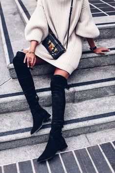 Holiday Style in the Midwest – Chicago Fashion Album Over The Knee Boot Outfit, Knee Boots Outfit, Oc Outfits, High Boots Outfit, Fall Dress Outfit, Suede Boots Knee High, Knee Boot, Knitwear Dress, Modern Women