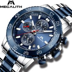 Megalith 8087m men watches with blue & silver stainless steel strap, cool look of the round case&blue dial and the puristic and clear line of the Chronograph watch designed complement each other ideally and guarantee a glittering appearance. SPECS Model 8087M DISPLAY TYPE Analogue GLASS TYPE Mineral Glass MOVEMENT Japanese quartz CASE SIZE 45mm CASE THICKNESS 11mm STRAP WIDTH 21mm STRAP LENDTH 210mm STRAP MATERIAL Stainless steel CLASP Fold-over Clasp with Safety WATER PROOFNESS 3ATM Cheap Blue Watches With Subdials, Affordable Blue Stainless Steel Watch, Affordable Blue Men's Watches, Analogue Clock, Business Calendar, Analog Clock, Blue Watches, Chronograph Watch Men, Military Watches