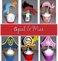 several cupcakes with pirate hats on them and the words opal & mae