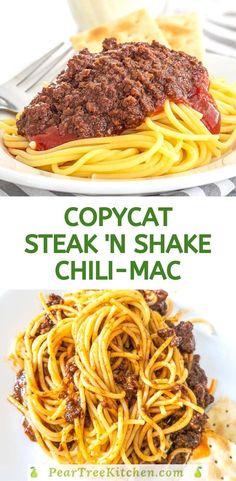 two plates with spaghetti, meat and sauce on them next to the words copycat steak'n shake chili - mac