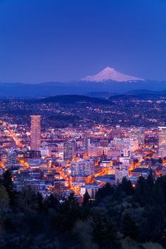 the city is lit up at night with snow capped mountain in the backgroud