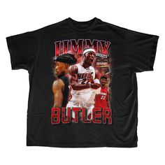 "Elevate your fashion game just like Jimmy elevates his with this Jimmy Butler \"Jimmy Buckets\" Graphic T-Shirt 100% cotton (fiber content may vary for different colors) Medium fabric (5.3 oz/yd² (180 g/m Classic fit Tear-away label Runs true to size   Express delivery is available within the continental US (all states except Alaska and Hawaii)." Throwback Cotton Top For Streetwear, Casual T-shirt With Letter Print For Fan Events, Casual Letter Print T-shirt For Fan Events, Casual Cotton Tops For Fan Events, Jimmy Butler Outfit, Crew Neck T-shirt With Character Print For Sports Events, Jimmy Butler Fashion, Throwback Cotton T-shirt With Letter Print, Throwback Cotton T-shirt For Streetwear