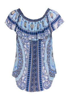 Immerse yourself in the beauty of vibrant patterns with this Hale Bob top, featuring cute flutter sleeves, a button-down front, and a flattering scoop hem. For a modern and chic daytime look, pair this striking top with white high-waisted denim shorts and espadrille wedges. Size M Shell 100% Viscose Unlined Multi-print Faux front button-down design Flutter sleeves Bust 33” Waist 35” Shoulder to hem 27.5” Patterned Ruffle Tops For Vacation, Patterned Ruffled Tops For Vacation, Summer Blue Peasant Top With Ruffles, Blue Floral Print Blouse With Flutter Sleeve, Blue Flutter Sleeve Blouse For The Beach, Blue Ruffled Peasant Top For Summer, Blue Peasant Top With Ruffles For Summer, Bohemian Printed Top With Flutter Sleeves, Summer Flowy Patterned Blouse