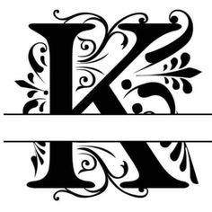 the letter k is decorated with swirls and leaves in black on a white background