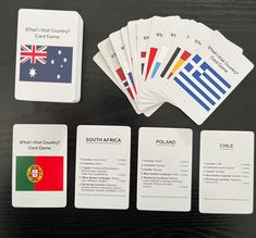 several cards with different flags on them sitting next to each other and the names of countries