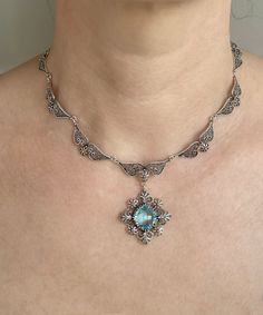 Sky Blue Topaz Silver Choker Victorian Necklace, 925 Sterling Genuine Gemstone Artisan Handcrafted Ornate Filigree Floral Jewelry - Etsy Ornate Formal Jewelry With Gemstone Accents, Ornate Gemstone Accents Jewelry For Formal Occasions, Aquamarine Gemstone Pendant Jewelry, Formal Sterling Silver Necklaces With Stone Setting, Formal Sterling Silver Necklace With Stone Setting, Victorian Wedding Jewelry With Gemstone Accents, Formal Turquoise Engraved Jewelry, Antique Jewelry With Gemstone Accents For Wedding, Elegant Aquamarine Round Pendant Jewelry