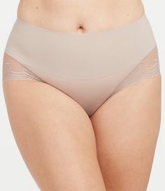 From Spanx, this panty features:non-show lace fabrication elastic-free edgescomfortable smoothing at the bonded waistbandbody & lace of nylon/spandex; gusset of cottonmachine washImported. Fitted Full Coverage Bottoms With Lace Trim, Stretch Lace Shapewear With Lace Trim, Fitted Lace Trim Bottoms With Full Coverage, Fitted Lace Trim Full Coverage Bottoms, Fitted Bottoms With Lace Trim And Full Coverage, Shaping Brief Bottoms With Lace Trim, Seamless Full Coverage Lace Bottoms, Full Coverage Lace Shapewear Bottoms, Stretch Lace Shapewear Bottoms