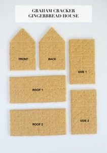 graham cracker gingerbread house cut out into six pieces and labeled on each side