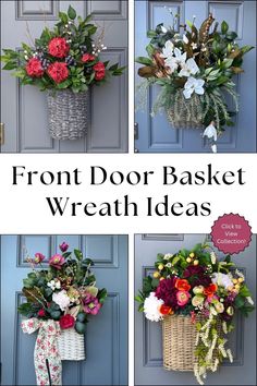 front door basket wreaths with flowers and greenery