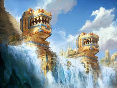 an artistic painting of two castle towers in the middle of a waterfall with water coming out of them