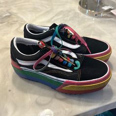 Brand New Platform Glitter Colorful Vans Colorful Vans, Vans Multicolor Color Block Sneakers, Fun Multicolor Vans Sneakers, Vans High-top Multicolor Sneakers, Black Rainbow Vans, Glitter Vans, Trippy Floral Vans, Van Color, Women's Vans