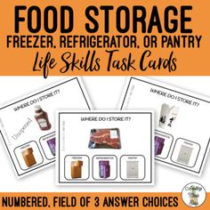 the food storage poster is shown with three different items in each card and one has an orange background