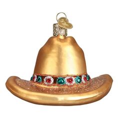 an ornament shaped like a gold sombrero with red, green and blue beads